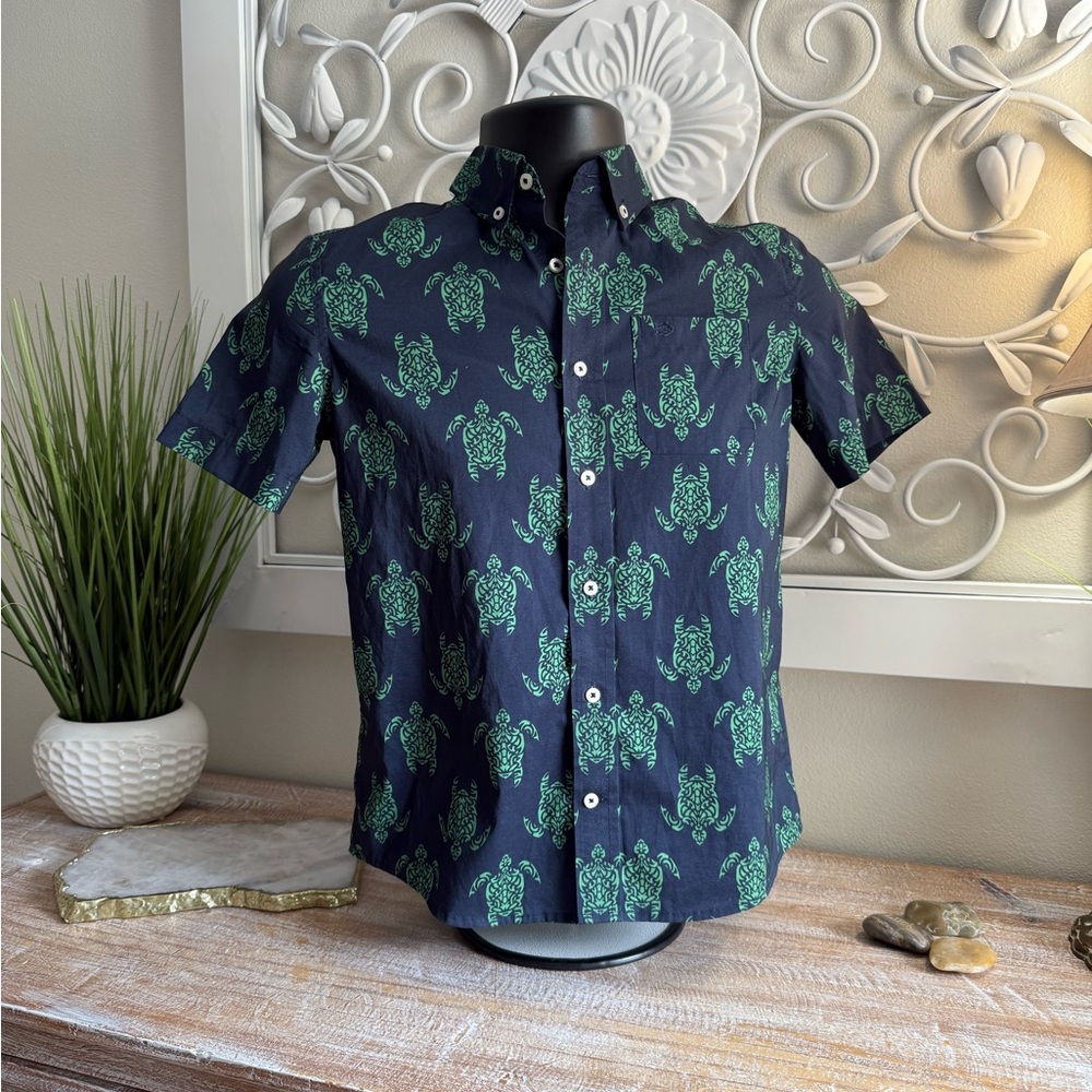 Southern Tide Performance Short Sleeve Navy Blue Turtle Print Shirt (Big Boys)